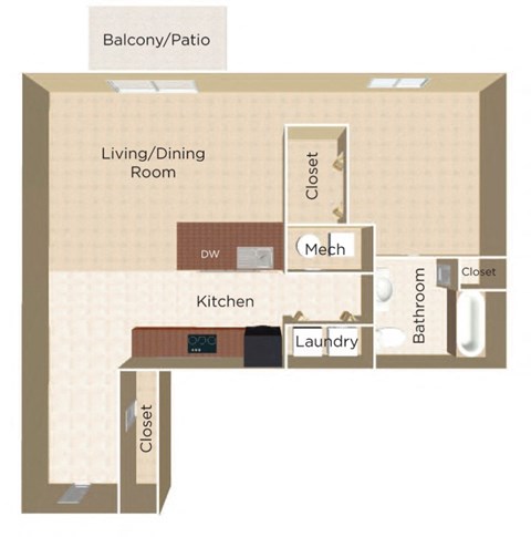 Floor plan for 1 bed, 1 bath, 698 sqft